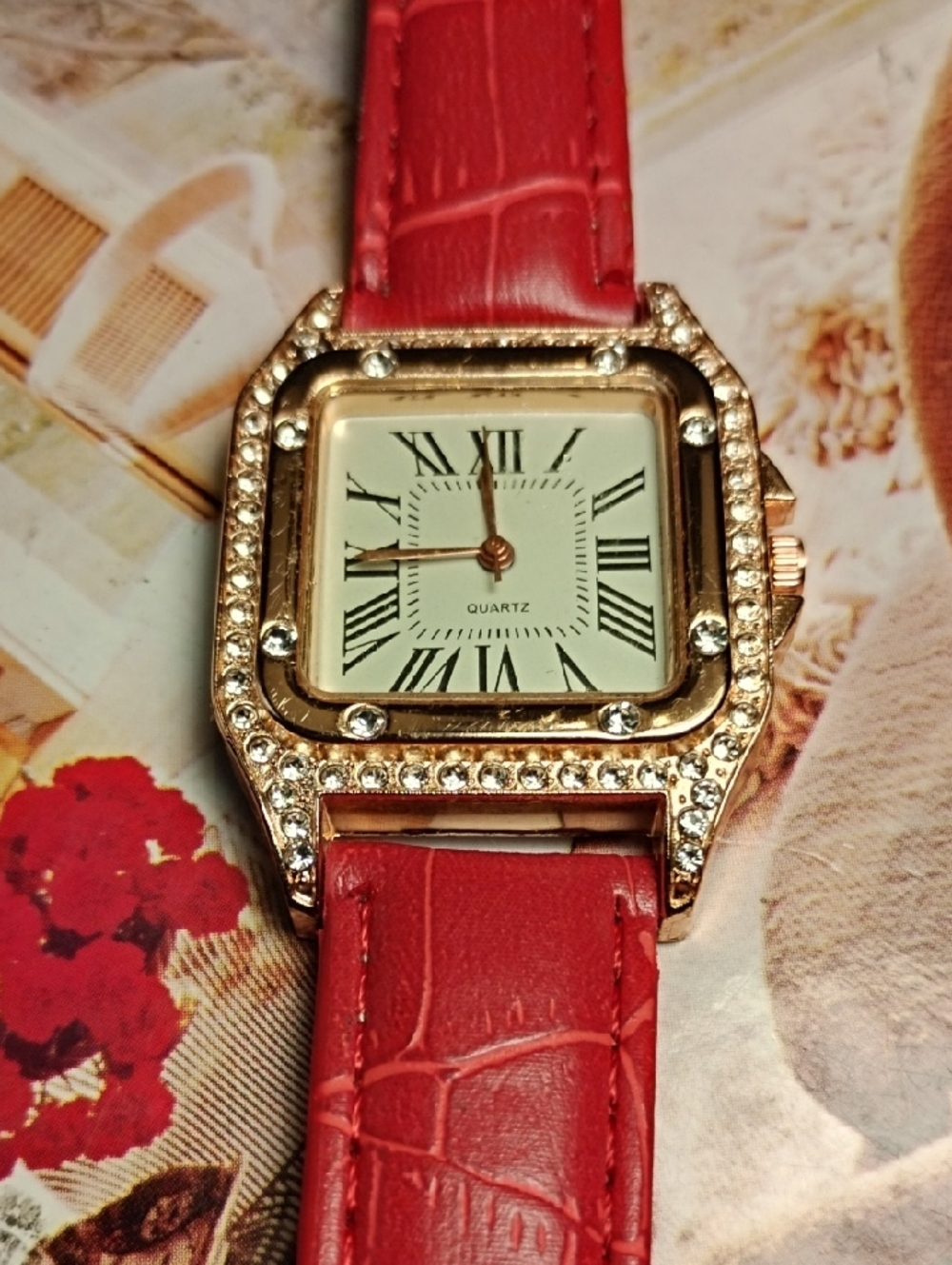 Gold-Tone Square Crystal Bezel Watch with Red Leather Strap
